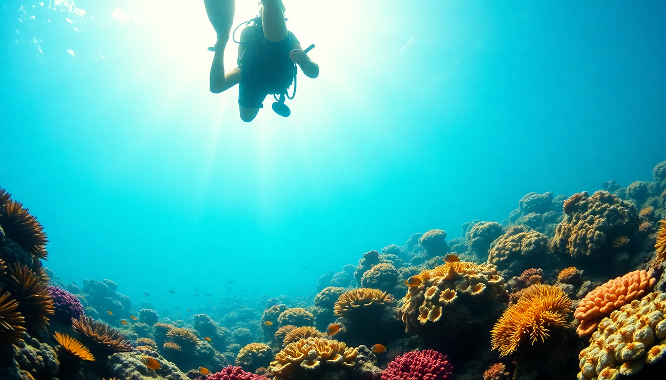 Underwater view sun rays schools of fish