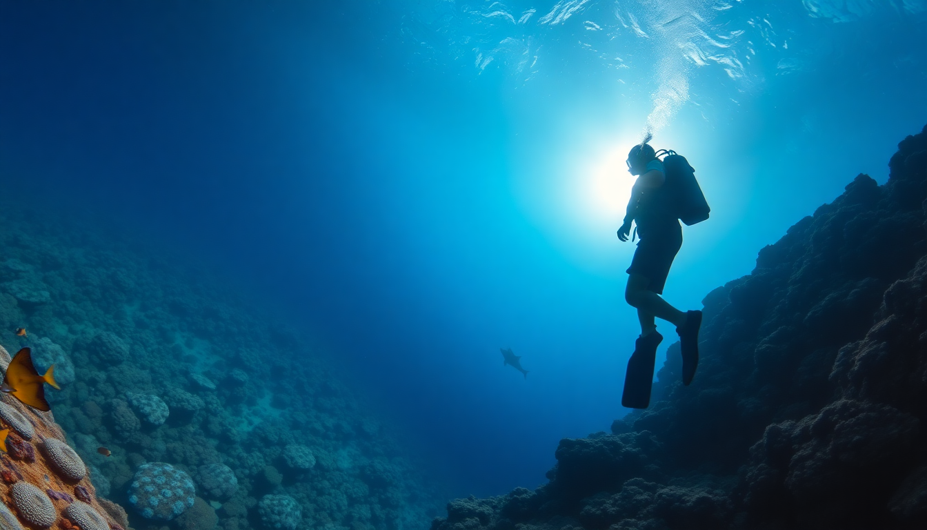 Reef drop-off panorama diver silhouette blue abyss