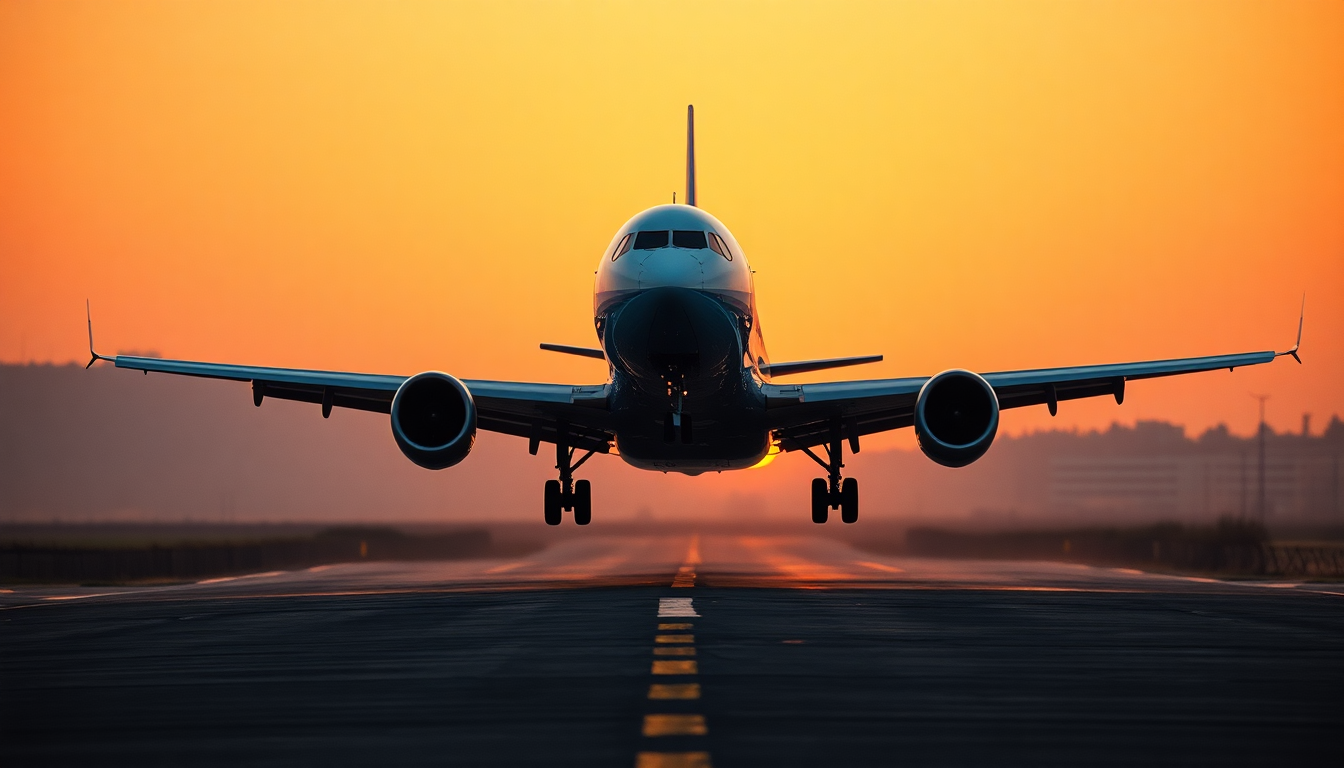 Airplane taking off at golden hour
