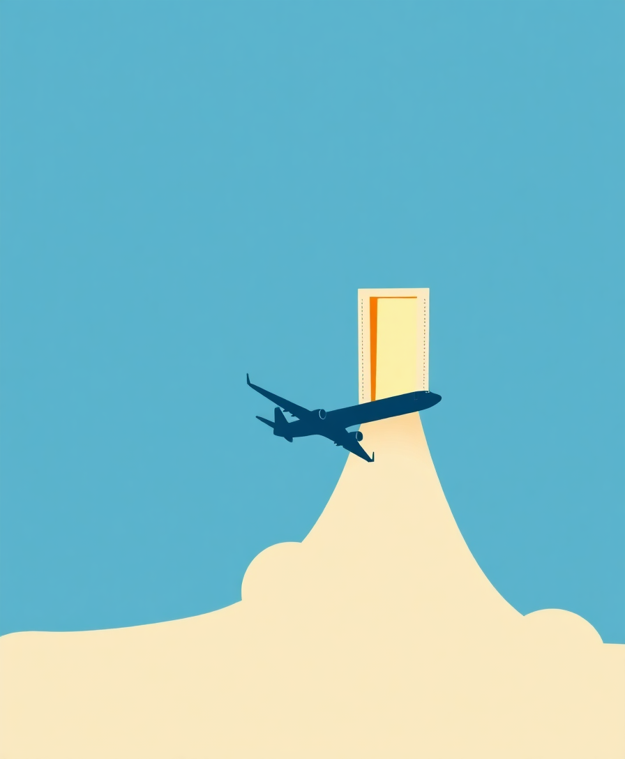 Minimalist travel poster plane and ticket doorway