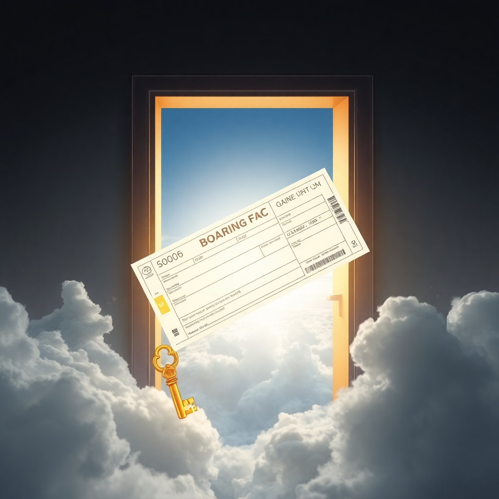 Boarding pass as a key opening a door in the clouds